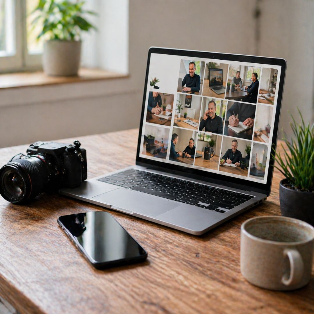 Arbeitsplatz für Content Erstellung mit Kamera und Laptop für Social Media