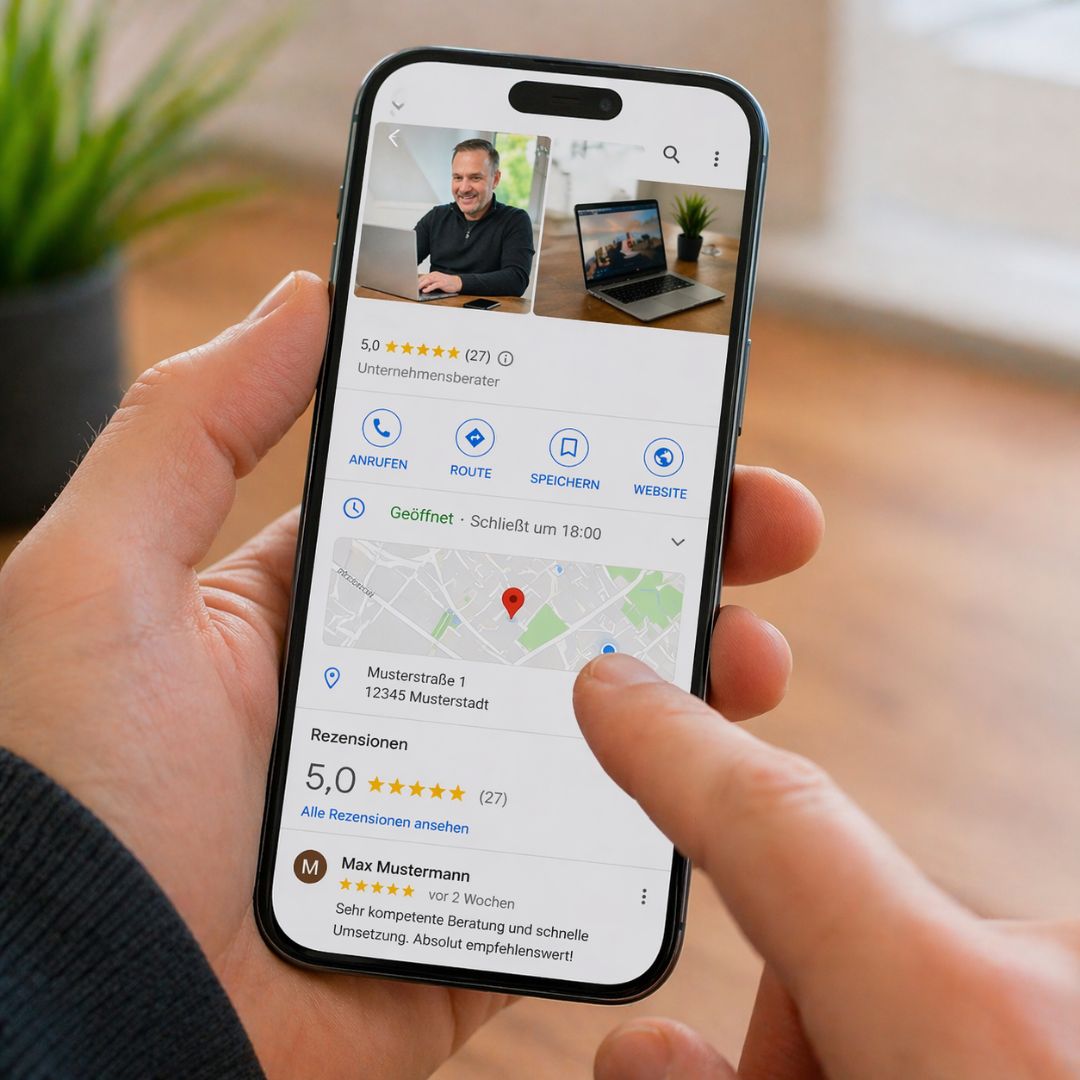 Google Unternehmensprofil mit Bewertungen und Karte auf Smartphone